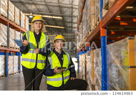 portrait professional warehouse workers. caucasian stock inventory team staff working in logistic 124614963