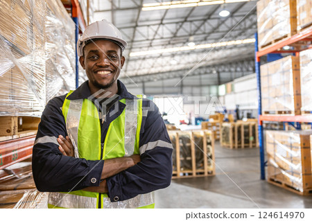 portrait black African professional worker standing confident happy smiling at warehouse cargo portrait black African professional worker standing confident happy smiling at warehouse cargo 124614970