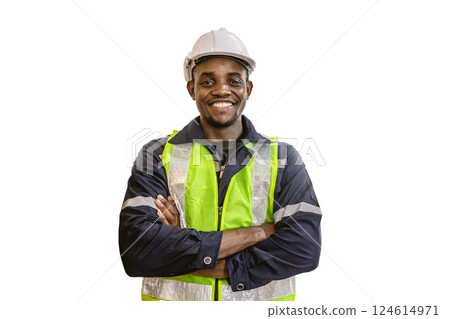 portrait black african male worker with safety hard hat arm crossed smiling isolated on white portrait black african male worker with safety hard hat arm crossed smiling isolated on white 124614971