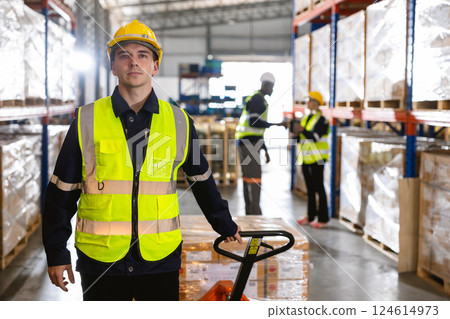 warehouse workers. professional factory storage worker. stock inventory staff work in logistic cargo 124614973