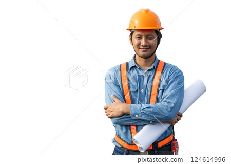 Professional Asian engineer male builder worker standing happy smiling isolated on white background Professional Asian engineer male builder worker standing happy smiling isolated on white background 124614996