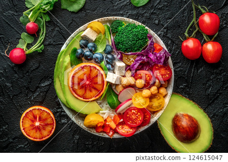 Buddha Bowl. Rainbow salad. Vegan poke bowl with avocado. Healthy food 124615047