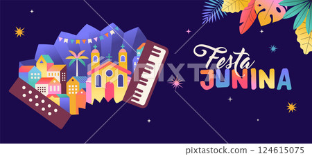 Festa Junina concept design. Brazilian music and dance summer festival carnival banner with city Festa Junina concept design. Brazilian music and dance summer festival carnival banner with city 124615075