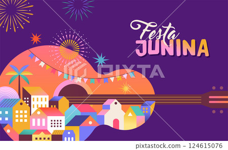 Festa Junina concept design. Brazilian music and dance summer festival carnival banner with city Festa Junina concept design. Brazilian music and dance summer festival carnival banner with city 124615076