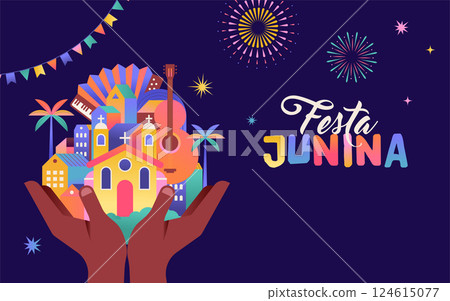 Festa Junina concept design. Brazilian music and dance summer festival carnival banner with city Festa Junina concept design. Brazilian music and dance summer festival carnival banner with city 124615077