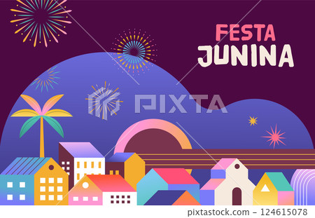 Festa Junina concept design. Brazilian music and dance summer festival carnival banner with city 124615078