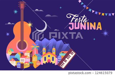 Festa Junina concept design. Brazilian music and dance summer festival carnival banner with city 124615079