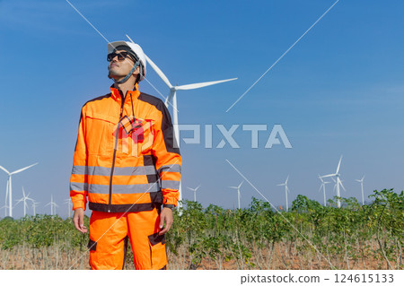 Asian Engineer male worker checking service maintenance wind turbine clean electricity power station Asian Engineer male worker checking service maintenance wind turbine clean electricity power station 124615133