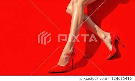 A minimalistic composition of a woman legs in striking red high heels set against a bold red background 124615416