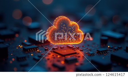A stylized digital representation of a glowing cloud icon composed of data points sitting on a circuit board, symbolizing cloud computing and data storage solutions 124615417