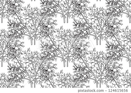Line art botanical seamless floral pattern with chamomile vector illustration. Black outline repeating daisy plants in white background. Graphic design for Fashion Cover Textile Print Fabric Coloring Line art botanical seamless floral pattern with chamomile vector illustration. Black outline repeating daisy plants in white background. Graphic design for Fashion Cover Textile Print Fabric Coloring 124615656