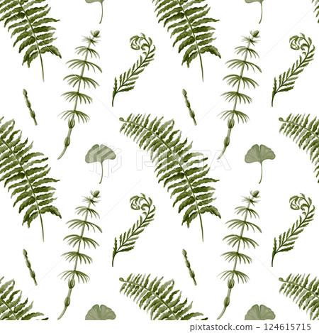 Seamless pattern with plants. Prehistoric fern and horsetail. Herbs of the dinosaur era. Plants from fossils. For textile and fabric. Watercolor illustration without background. Hand drawing. Seamless pattern with plants. Prehistoric fern and horsetail. Herbs of the dinosaur era. Plants from fossils. For textile and fabric. Watercolor illustration without background. Hand drawing. 124615715
