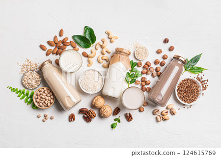 Various vegan plant based milk and ingredients 124615769