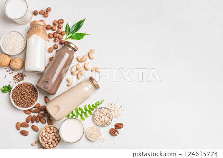 Various vegan plant based milk and ingredients. Substitute drink Various vegan plant based milk and ingredients. Substitute drink 124615773
