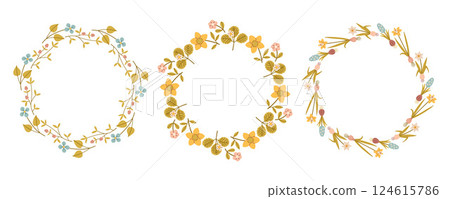 Spring flower circle frame set. Floral circle frame. Hand drawn botanical round border, laurel, wreath with branches, leaves and flowers illustration for wedding invitation, card, logo 124615786