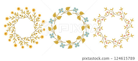 Spring flower circle frame set. Floral circle frame. Hand drawn botanical round border, laurel, wreath with branches, leaves and flowers illustration for wedding invitation, card, logo 124615789