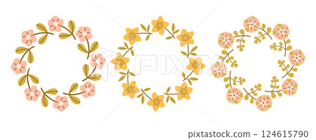 Spring flower circle frame set. Floral circle frame. Hand drawn botanical round border, laurel, wreath with branches, leaves and flowers illustration for wedding invitation, card, logo 124615790