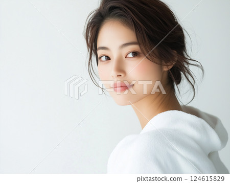 一位身穿浴袍的年輕女子 124615829
