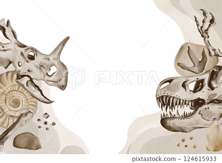 Frame with dinosaur fossils and cerepi. Ammonites and fossils. Predator tracks and big stones. Watercolor illustration isolated from background. Hand drawing. High quality illustration 124615933
