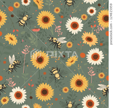 Vector seamless pattern with bees and flowers on green background Vector seamless pattern with bees and flowers on green background 124615959