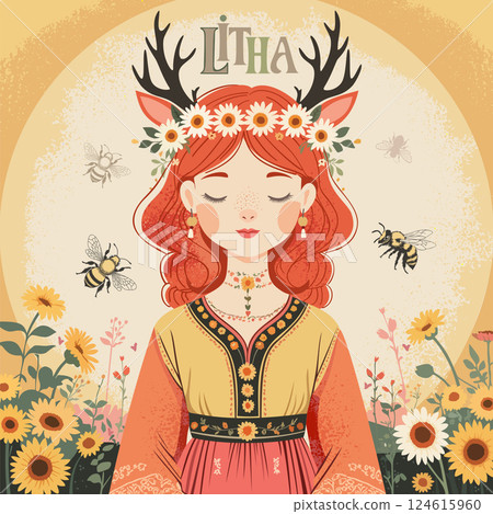 Litha. Pagan holiday celebrating summer solstice. June 21. Little summer witch with deer horns on sunny background surrounded with sunflowers 124615960