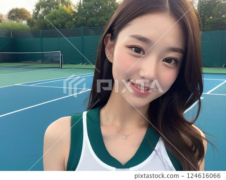 Woman on tennis court 124616066