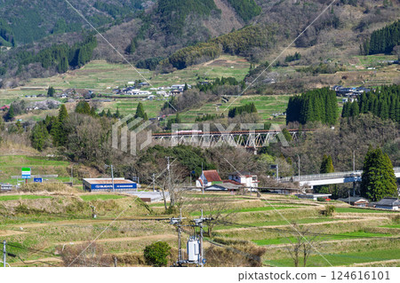 Amaterasu Railway's "Takachiho no Kaze wo Super Cart" shines against the rural landscape of the spring sky. Oaza Mitai, Takachiho Town, Nishiusuki District, Miyazaki Prefecture 124616101