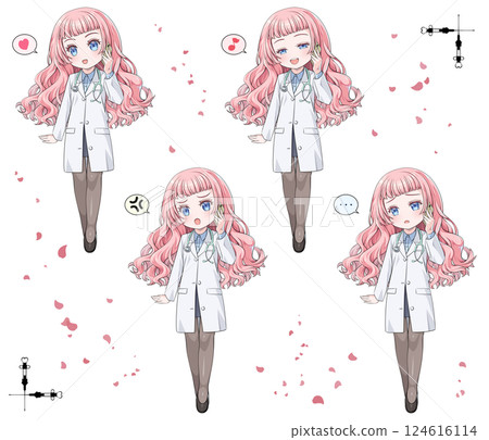 粉紅色頭髮的動漫風格醫生用智慧型手機打電話 / 一組 4 種表情，分別為喜悅、憤怒、悲傷和快樂 / 帶有裝飾邊框 124616114