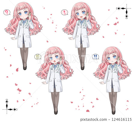 Pink-haired anime-style doctor making a phone call on his smartphone / Set of 4 surprised expressions / Comes with decorative border for corners 124616115