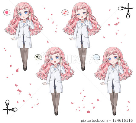 粉紅色頭髮的動漫風格藥劑師用智慧型手機打電話 / 一組 4 種表情,分別為喜悅、憤怒、悲傷和快樂 / 帶有裝飾邊框 粉紅色頭髮的動漫風格藥劑師用智慧型手機打電話 / 一組 4 種表情,分別為喜悅、憤怒、悲傷和快樂 / 帶有裝飾邊框 124616116