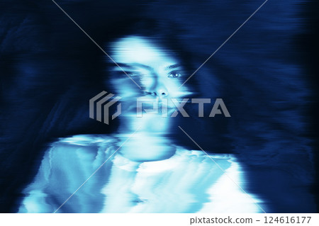 Abstract woman portrait in neon glitch hologram effect Abstract woman portrait in neon glitch hologram effect 124616177