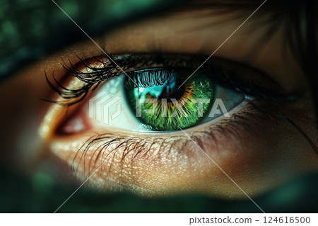 Eye close up on green. Eye close up on green. 124616500