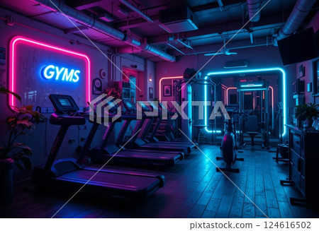 Gym and neon lights, representing fitness in a home setting. 124616502