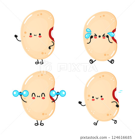Four soy bean cartoon characters express different moods and activities on a white background. 124616685