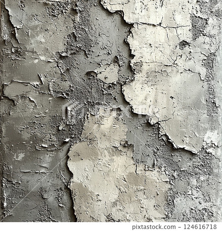 Layers of peeling gray paint create a textured surface with a vintage, weathered aesthetic. 124616718