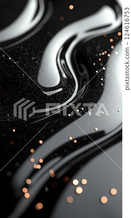Elegant black and silver waves swirl with glitter and bokeh lights to form a mesmerizing design. 124616753