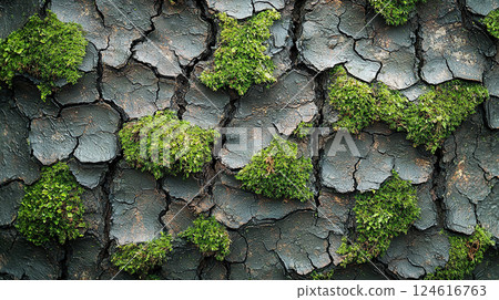 Lush green moss grows on the rugged bark of an old tree, a close-up of woodland texture. Lush green moss grows on the rugged bark of an old tree, a close-up of woodland texture. 124616763