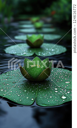 A close-up shot of water lily pads covered in dewdrops floating peacefully on a serene pond. 124616772