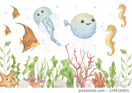 cartoon sea animals under sea 124616903