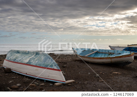Colorful boats on the beach, Gran Canaria, Spain Colorful boats on the beach, Gran Canaria, Spain 124617069