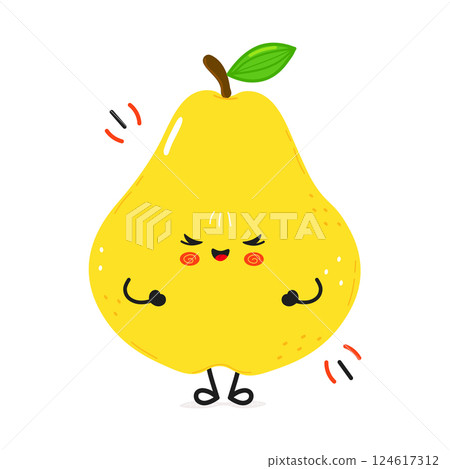 Meet a cheerful and strong yellow Pear character, flexing its cute arms with a joyful expression. 124617312