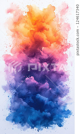 A mesmerizing watercolor painting blends from orange to blue in a beautiful gradient. 124617340