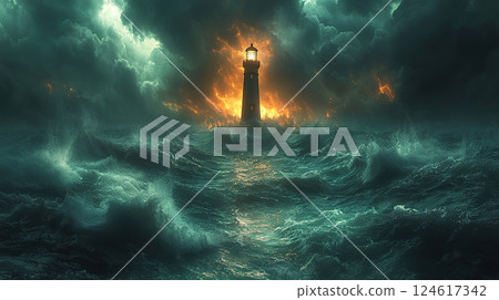 A lone lighthouse bravely illuminates a tempestuous sea under a foreboding, stormy sky. 124617342