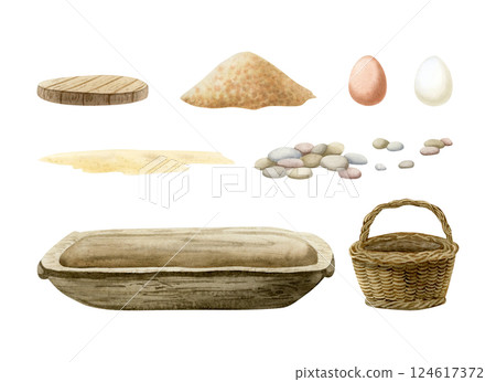 Farm landscape elements watercolor illustration set. Wicker basket, eggs, stones, sand ground, millet for chickens and wooden feeding trough isolated clipart. Farmhouse rustic accessories 124617372