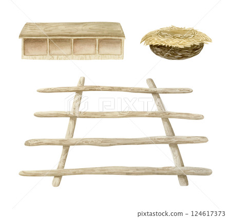 Chicken coop with roosting perch ladder, nest and nesting boxes watercolor illustration isolated on white background. Hand drawn wooden hen house furniture for poultry yard and farm designs Chicken coop with roosting perch ladder, nest and nesting boxes watercolor illustration isolated on white background. Hand drawn wooden hen house furniture for poultry yard and farm designs 124617373