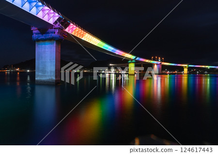 Rainbow-colored illuminated bridge at night Rainbow-colored illuminated bridge at night 124617443