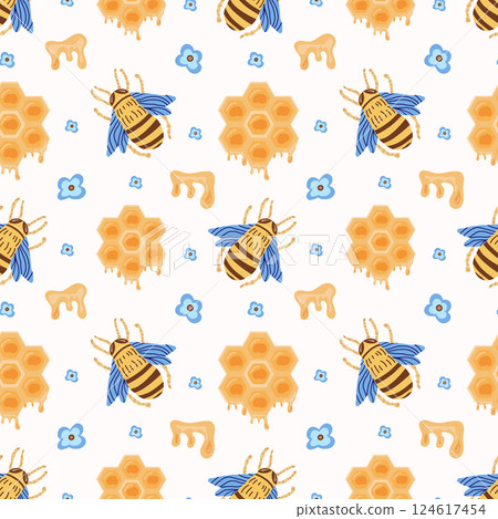 Bees, flowers, honeycombs with honey seamless pattern drawn in doodle style, vector. Background for beekeeping, bright spring children pattern with yellow honeycombs of honey. For packaging, textiles. Bees, flowers, honeycombs with honey seamless pattern drawn in doodle style, vector. Background for beekeeping, bright spring children pattern with yellow honeycombs of honey. For packaging, textiles. 124617454