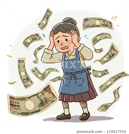 一位老婦人擔心自己的生計和退休金 一位老婦人擔心自己的生計和退休金 124617550