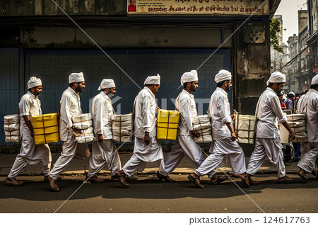 A group of men walking down a street carrying buckets of water A group of men walking down a street carrying buckets of water 124617763