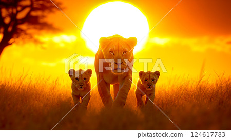 A mother lion and her two cubs walking in a grassy field at sunset 124617783
